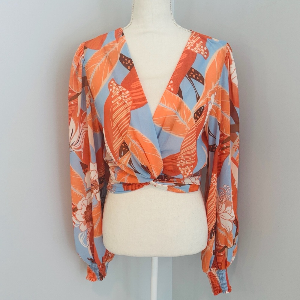 Flying Tomato Vibrant Orange and Blue Wrap Blouse